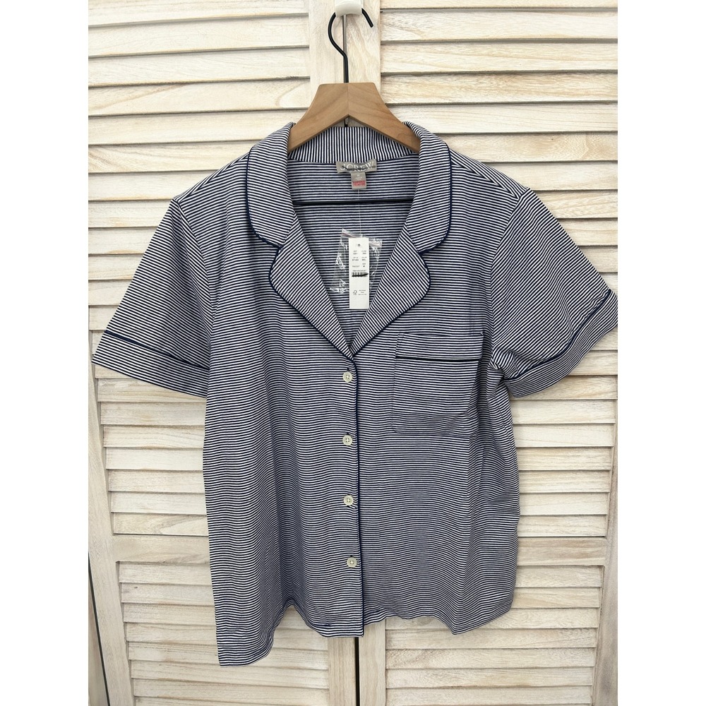 NWT J.Crew Top Size M Blue White Striped Womens Button Down Pajama Short Sleeve